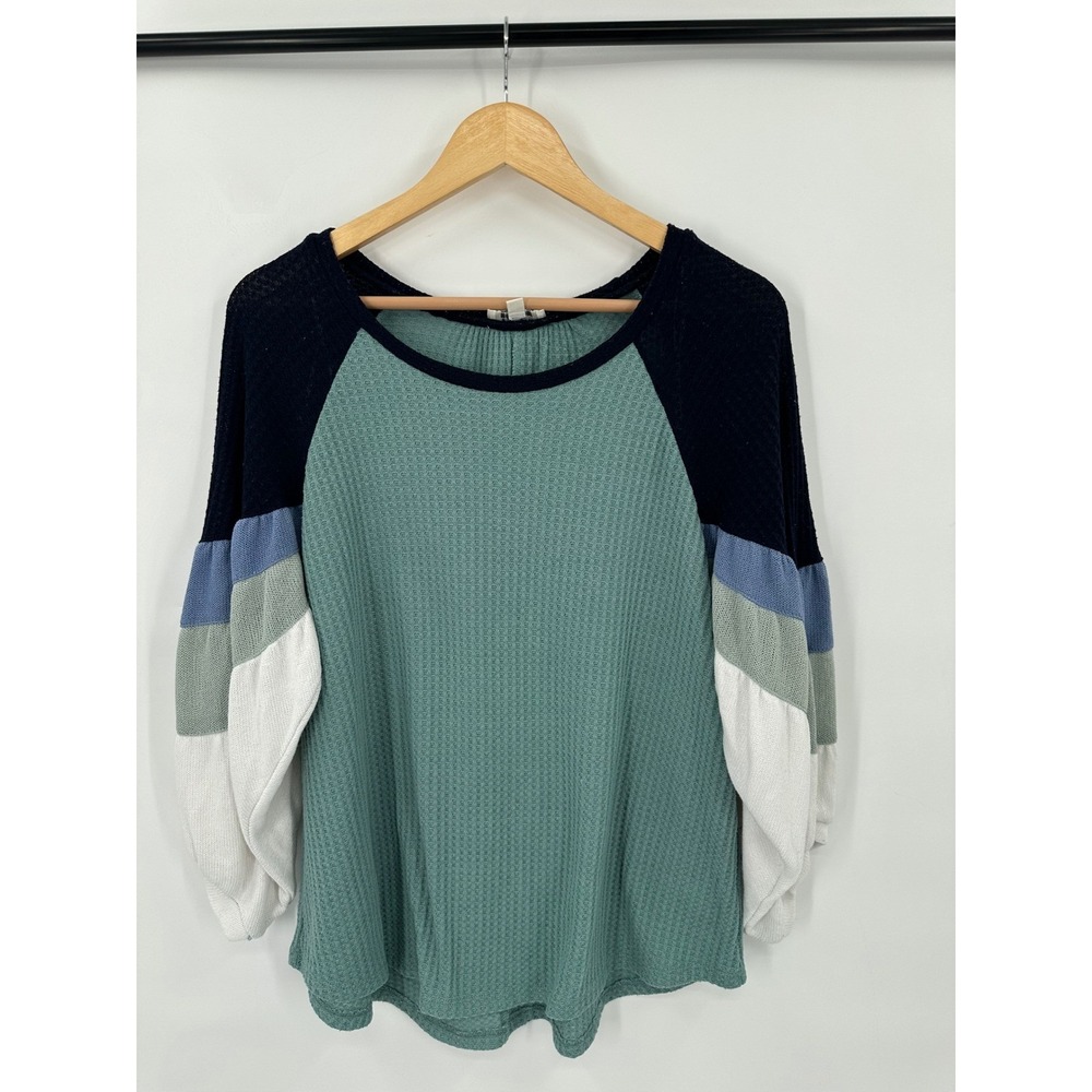Umgee Shirt Womens M Waffle Knit Casual Relaxed Oversized Puff Sleeve Boho Indie